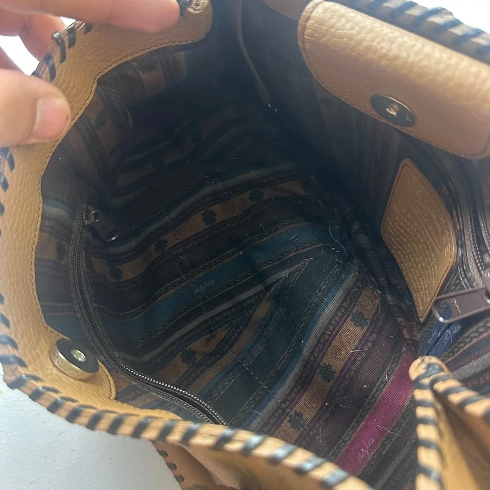 Brighton Shoulder Bag Womens Medium Tan Leather Whipstitch Silver Hardware Boho